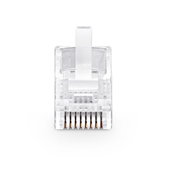 Cat5e RJ45 Pass Through Modular Plugs, Unshielded (UTP) Network Connectors for 24AWG Twisted Pair Solid or Stranded Cable (100/Pack) Solid or Standard 24AWG 8P8C Plastic Housing EZ Crimp