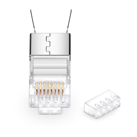 Cat6a/Cat7 RJ45 Standard Modular Plugs (Two-Piece Suit), Shielded (STP) Network Connectors for 23AWG Twisted Pair Solid Cable or Stranded Cable (100/Pack) Solid or Standard 23AWG 8P8C Full Metal Load Bar Grounding Clip